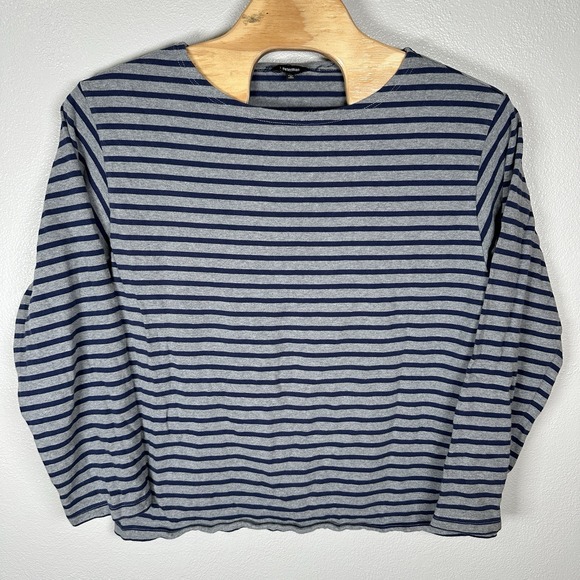 J. Peterman Tops - J Peterman Womens XL Gray‎ Blue Striped Long Sleeve Shirt Top Nautical Cotton